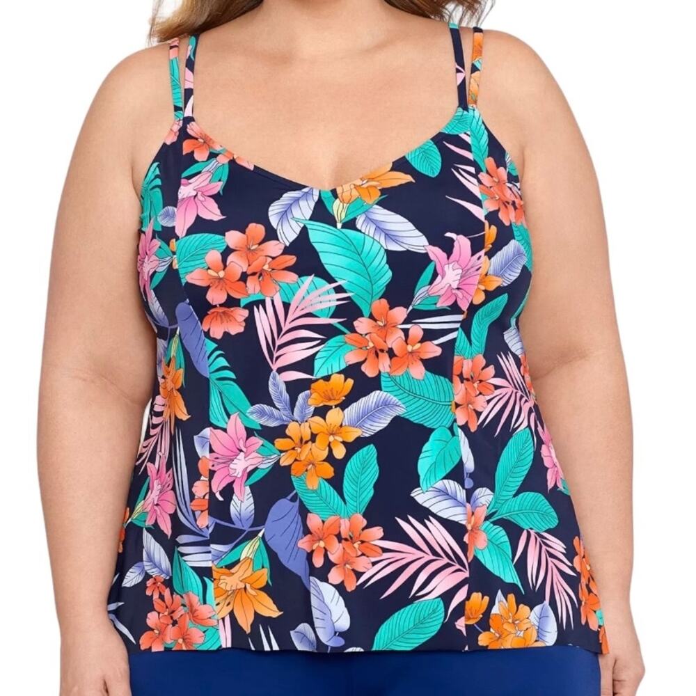 Swim Solutions Women’s Printed Double Strap Tankini Swimsuit Top Size 18W